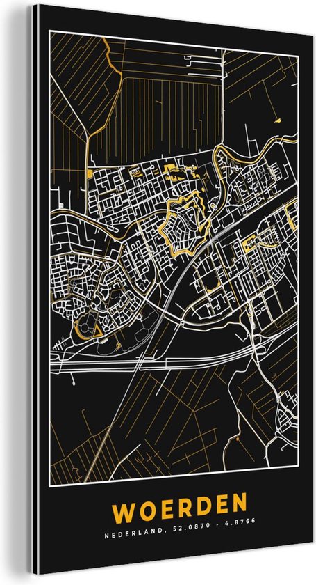 Wanddecoratie Metaal - Aluminium Schilderij Industrieel - Plattegrond - Woerden - Goud - Zwart - 40x60 cm - Dibond - Foto op aluminium - Industriële muurdecoratie - Voor de woonkamer/slaapkamer - Stadskaart