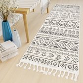 Tapiso Ethno Tapijtloper Beige Grijs Boho Woonkamer Slaapkamer Gang Franjes Maat- 80x300