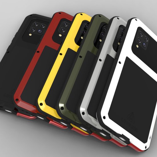 Vijf telefoonhoesjes in verschillende kleuren: zwart, rood, geel, groen en wit.