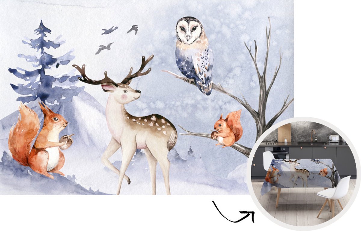Tafelkleed - Tafellaken - 220x150 cm - Winter - Sneeuw - Hert - Binnen en Buiten