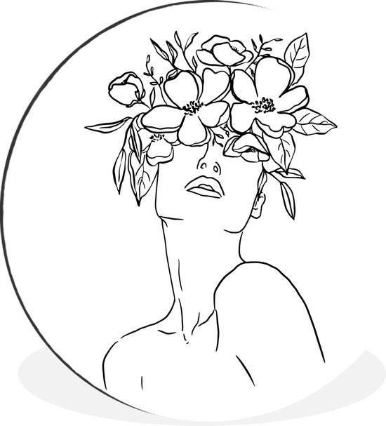 WallCircle - Wandcirkel - Muurcirkel - Abstracte line art van een vrouw met bloemen op haar gezicht vierkant - Aluminium - Dibond - ⌀ 60 cm - Binnen en Buiten