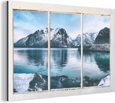 Wanddecoratie Metaal - Aluminium Schilderij Industrieel - Doorkijk - Bergen - Winter - 180x120 cm - Dibond - Foto op aluminium - Industriële muurdecoratie - Voor de woonkamer/slaapkamer
