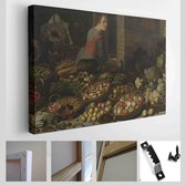 Stilleven met groenten en fruit, met Christus bij Emmaus, door Floris van Schooten, 1630. Nederlandse schilderkunst, olieverf op doek - Moderne kunstdoek - Horizontaal - 411416056