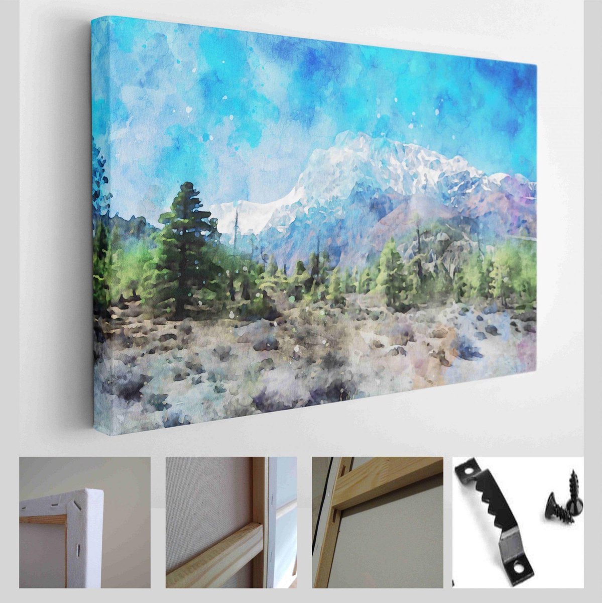 Peinture abstraite d'arbres avec des montagnes, Illustration de paysage ...