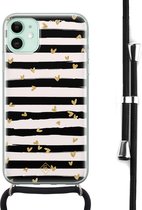 iPhone 11 hoesje met koord - Hart streepjes | Apple iPhone 11 crossbody case | Zwart, Transparant | Gestreept