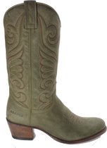 Sendra Boots 11627 Debora Military Green Handgemaakt Dames Ibiza Westernlaars Bewerkte Schacht Ronde Neus Beetje Schuine Hak Nubuck Leer Maat 37