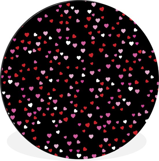 WallCircle - Wandcirkel - Muurcirkel - Een illustratie met hartjes op een zwarte achtergrond - Aluminium - Dibond - ⌀ 90 cm - Binnen en Buiten