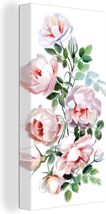 Canvas Schilderij Waterverf - Rozen - Bloemen - 20x40 cm - Wanddecoratie
