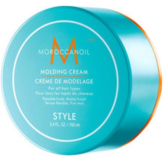 Turquoise ronde pot met oranje rand, Moroccanoil logo, tekst 'Molding Cream' en 'Crème de Modelage'.