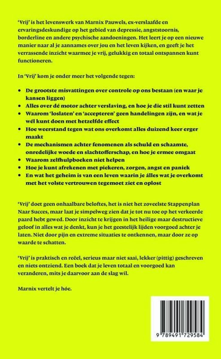 Achterkant van het boek 'VRIJ' met tekst over het levenswerk van Marnix Pauwels en een streepjescode.