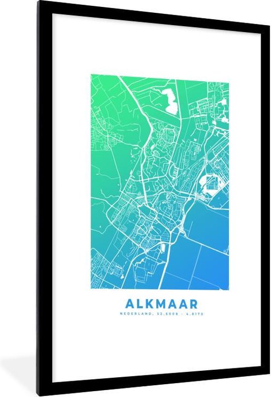 Fotolijst incl. Poster - Stadskaart - Alkmaar - Blauw - Groen - 60x90 cm - Posterlijst - Plattegrond