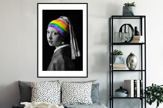 Fotolijst incl. Poster - Meisje met de parel - Regenboog - Vermeer - 80x120 cm - Posterlijst