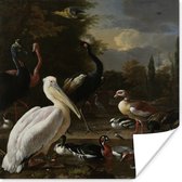 Poster Een pelikaan en ander gevogelte bij een waterbassin - Schilderij van Melchior d'Hondecoeter - 100x100 cm XXL