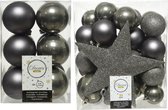 Kerstversiering kunststof kerstballen antraciet grijs 5-6-8 cm pakket van 45x stuks - Met kunststof ster piek van 19 cm