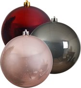 Kerstversieringen set van 6x grote kunststof kerstballen rood-lichtroze-donkergrijs 14 cm glans - 2x per kleur
