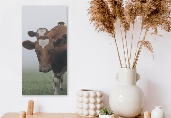 Tableau Peinture Vaches - Marron - Brouillard - 20x40 cm - Décoration murale