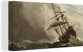 Canvas Schilderij Een schip in volle zee bij vliegende storm - Schilderij van Willem van de Velde - 160x80 cm - Wanddecoratie