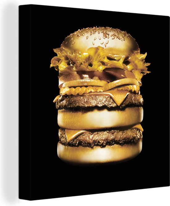 Canvas Schilderij Gouden hamburger op een zwarte achtergrond. - 50x50 cm - Wanddecoratie
