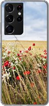 Geschikt voor Samsung Galaxy S21 Ultra hoesje - Wolken - Bloemen - Rood - Siliconen Telefoonhoesje