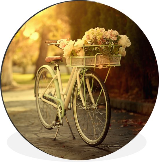 WallCircle - Wandcirkel - Muurcirkel - Bloemen in de fietsmand van de fiets - Aluminium - Dibond - ⌀ 30 cm - Binnen en Buiten