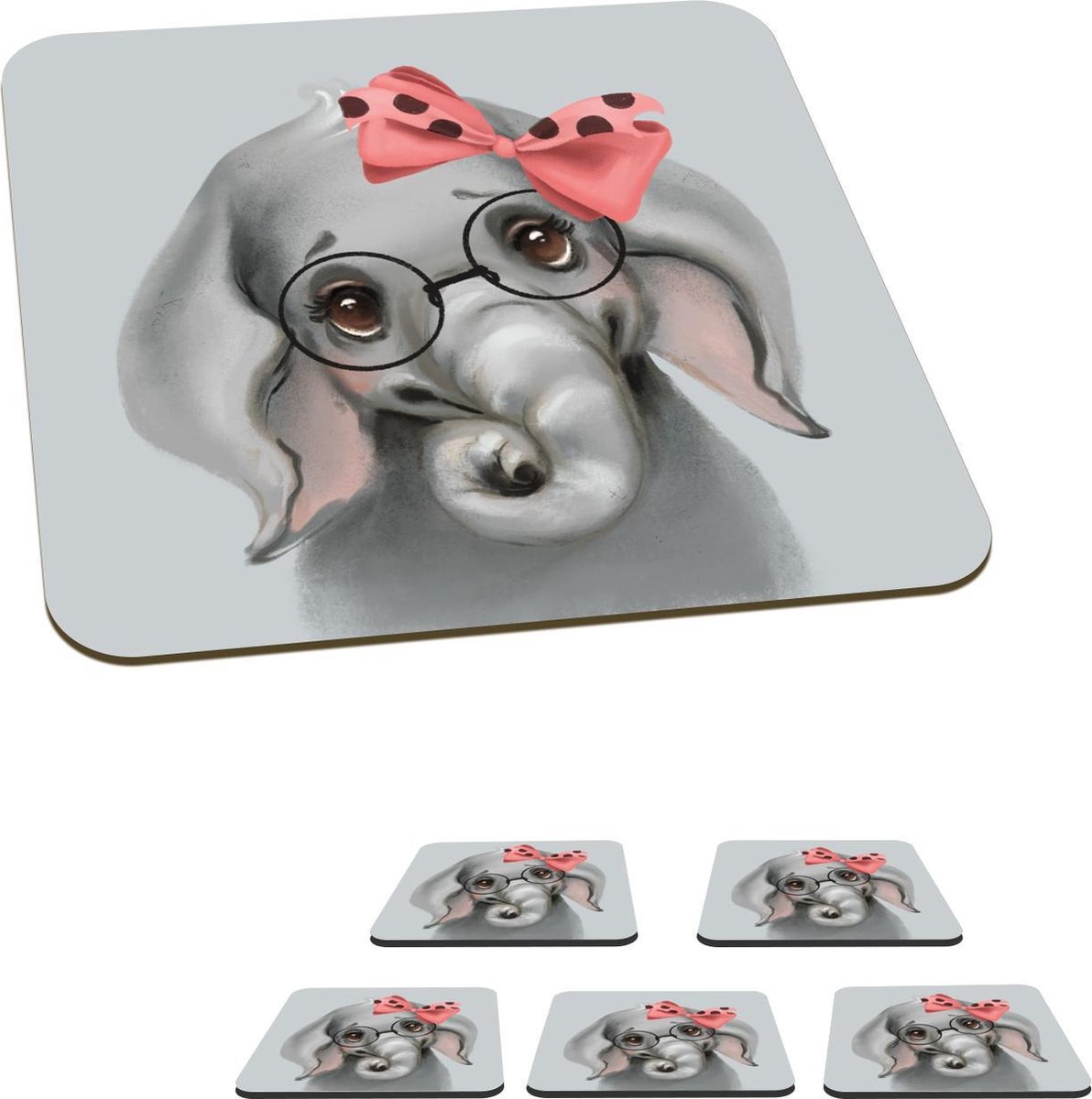 Onderzetters voor glazen - Olifant - Kind - Strik - 10x10 cm - Glasonderzetters - 6 stuks