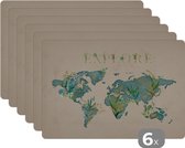 Placemat - Placemats kunststof - Wereldkaart - Planten - Turquoise - 45x30 cm - 6 stuks - Hittebestendig - Anti-Slip - Onderlegger - Afneembaar