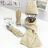 Gebreide Winterset Dames sjaal, muts, handschoenen - Beige