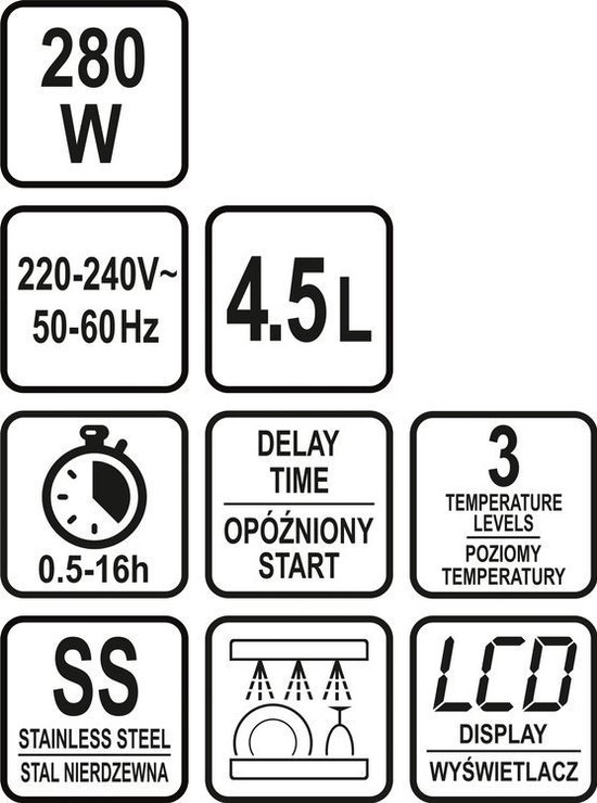 Overzicht van specificaties Lund slowcooker: 280W, 4,5L, timer 0,5-16u, uitgestelde start, 3 temperatuurniveaus, RVS, vaatwasserbestendig, LCD.