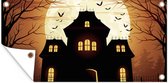 Tuinposter Een griezelig en alleenstaand huis tijdens Halloween in een illustratie - 80x40 cm - Wanddecoratie Buiten - Tuinposter - Tuindoek - Schuttingposter - Tuinschilderij