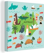 Canvas Wereldkaart - 50x50 - Wanddecoratie Wereldkaart Kinderen - Australië - Dieren