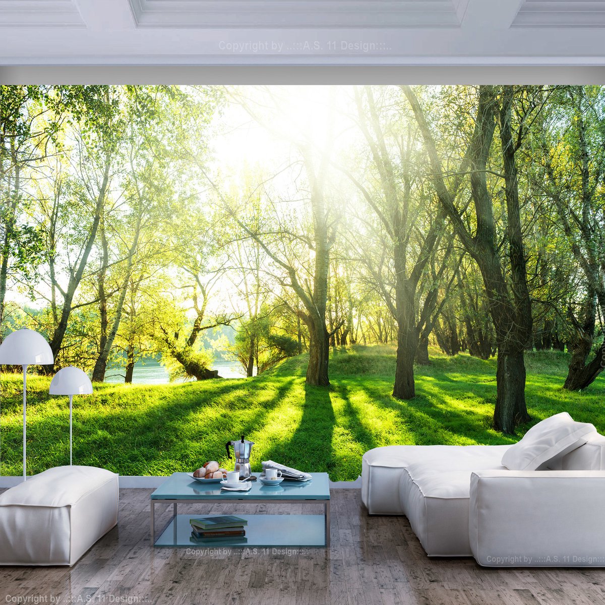 245cm X 175cm - Zelfklevend fotobehang -  Zonnige dag in een bos  , Premium Print
