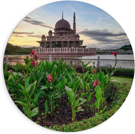 Dibond Wandcirkel - Masjid Putra Moskee met Planten - 90x90cm Foto op Aluminium Wandcirkel (met ophangsysteem)