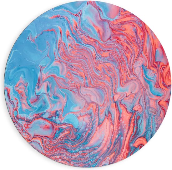 Dibond Wandcirkel - Blauw met Roze Verf Gemengd - 90x90cm Foto op Aluminium Wandcirkel (met ophangsysteem)