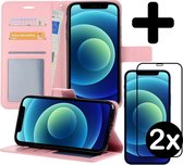 Hoes voor iPhone 12 Mini Hoesje Book Case Met 2x Screenprotector Full Cover 3D Tempered Glass - Hoes voor iPhone 12 Mini Hoes Wallet Cover Met 2x 3D Screenprotector - Licht Roze