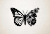 Wanddecoratie - Vlinder met bloemen - M - 59x90cm - Zwart - muurdecoratie - Line Art