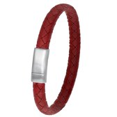 Lucardi Heren Armband gevlochten leer rood - Leer - Armband - Cadeau - 22 cm - Zilverkleurig