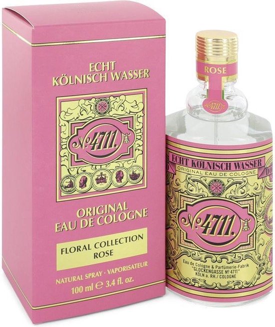 Roze en gouden doos met 4711 Eau de Cologne Floral Collection Rose en de bijbehorende fles.
