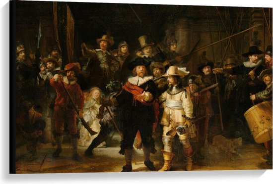 Canvas  - Oude Meesters - Nachtwacht, Schutters van wijk II, Rembrandt van Rijn - 90x60cm Foto op Canvas Schilderij (Wanddecoratie op Canvas)