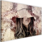 Schilderij Vrouw met hoed, 2 maten, beige/bruin