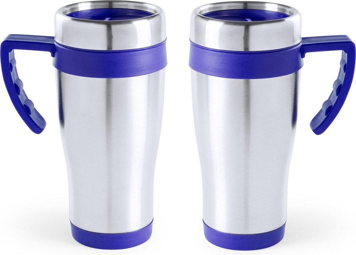 3x stuks rVS thermosbeker/warmhoud koffiebekers blauw 500 ml - Isoleerbekers/reisbekers