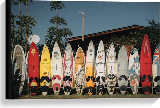 Canvas  - Rij Gekleurde Surfplanken - 60x40cm Foto op Canvas Schilderij (Wanddecoratie op Canvas)
