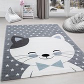 KinderTapijt Cute Cat and Star print Grijs-Blauw-Wit