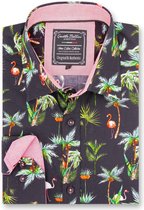 Heren Overhemd - Slim Fit - Flamingo Palm Tree - Zwart - Maat XXL