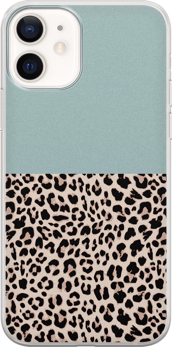iPhone 12 hoesje siliconen - Luipaard mint - Soft Case Telefoonhoesje - Luipaardprint - Transparant, Blauw