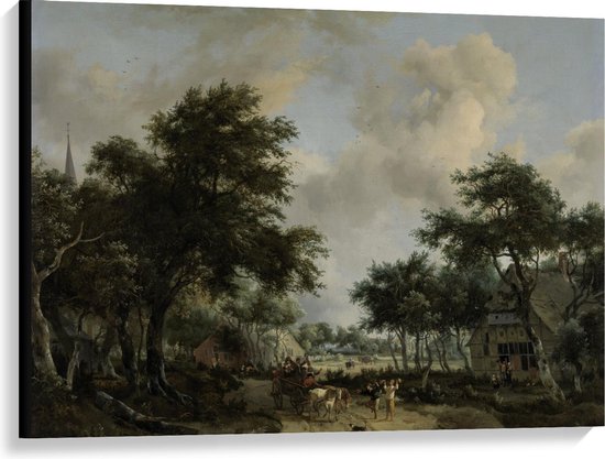 Canvas  - Oude Meesters - Boslandschap met gezelschap in wagen, Meindert Hobbema - 100x75cm Foto op Canvas Schilderij (Wanddecoratie op Canvas)