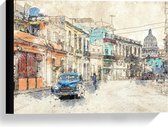 Canvas  - Tekening stad met Blauwe Auto - 40x30cm Foto op Canvas Schilderij (Wanddecoratie op Canvas)