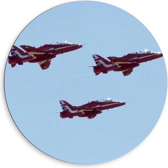 Dibond Wandcirkel - Rode Amerikaanse Vliegtuigen in de Lucht - 80x80cm Foto op Aluminium Wandcirkel (met ophangsysteem)