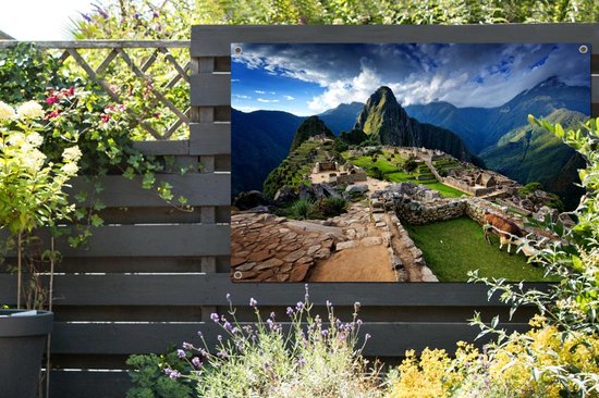 Affiche de jardin Lama au Machu Picchu toile en vrac 180x120 cm - Toile de jardin / Toile d'extérieur / Peintures d'extérieur (décoration de jardin) XXL / Groot format!