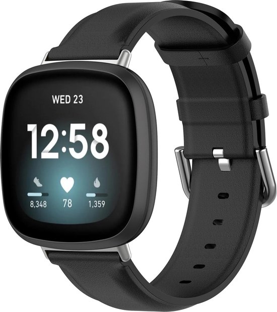Fitbit Versa 3 / Sense leren band - zwart - - Horlogeband Armband Polsband