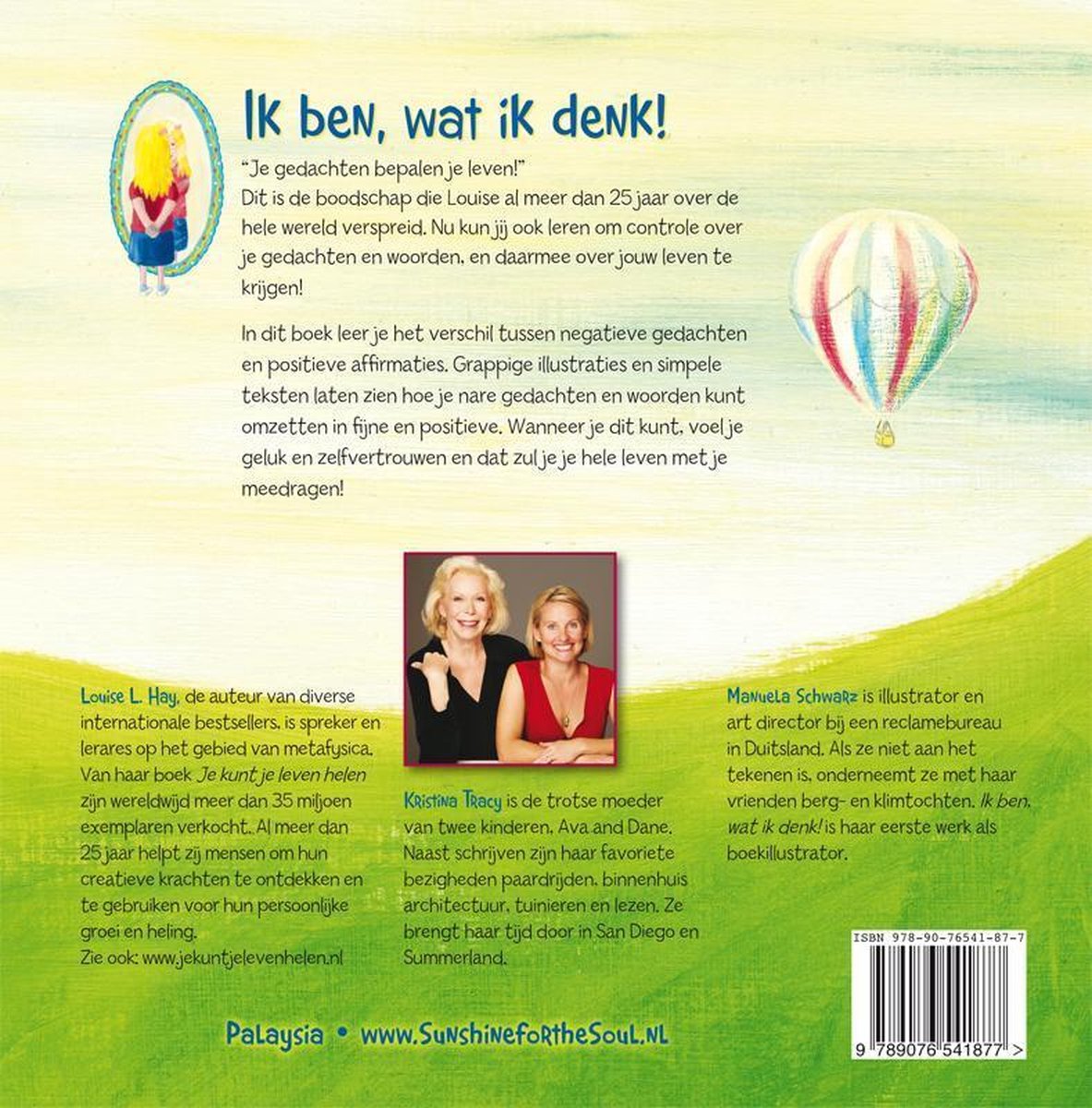 Achterkant van een boek met foto's van Louise L. Hay en Kristina Tracy, en tekst over de inhoud.